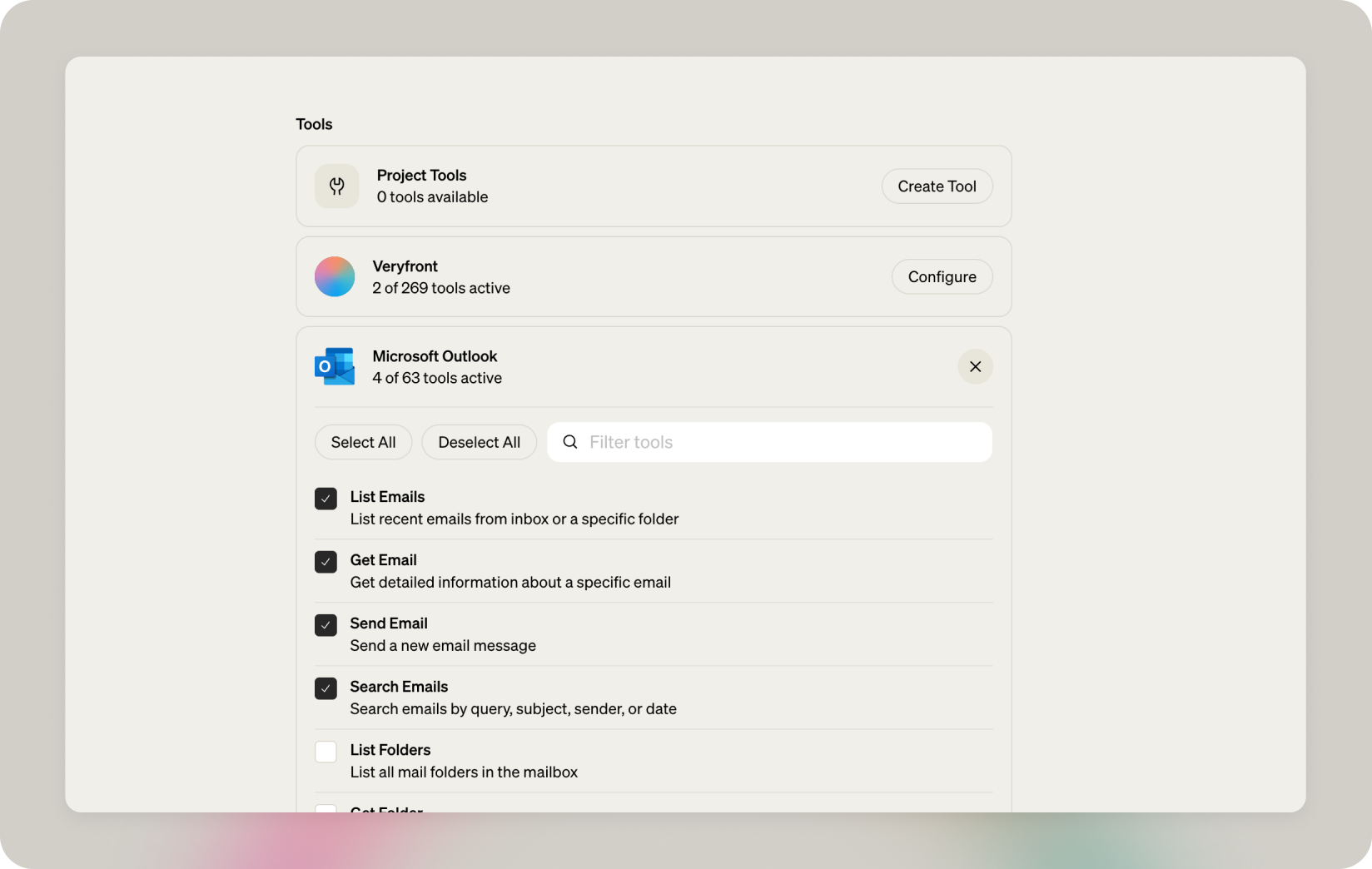 Agent tools configuration with knowledge search and Outlook tools selected.