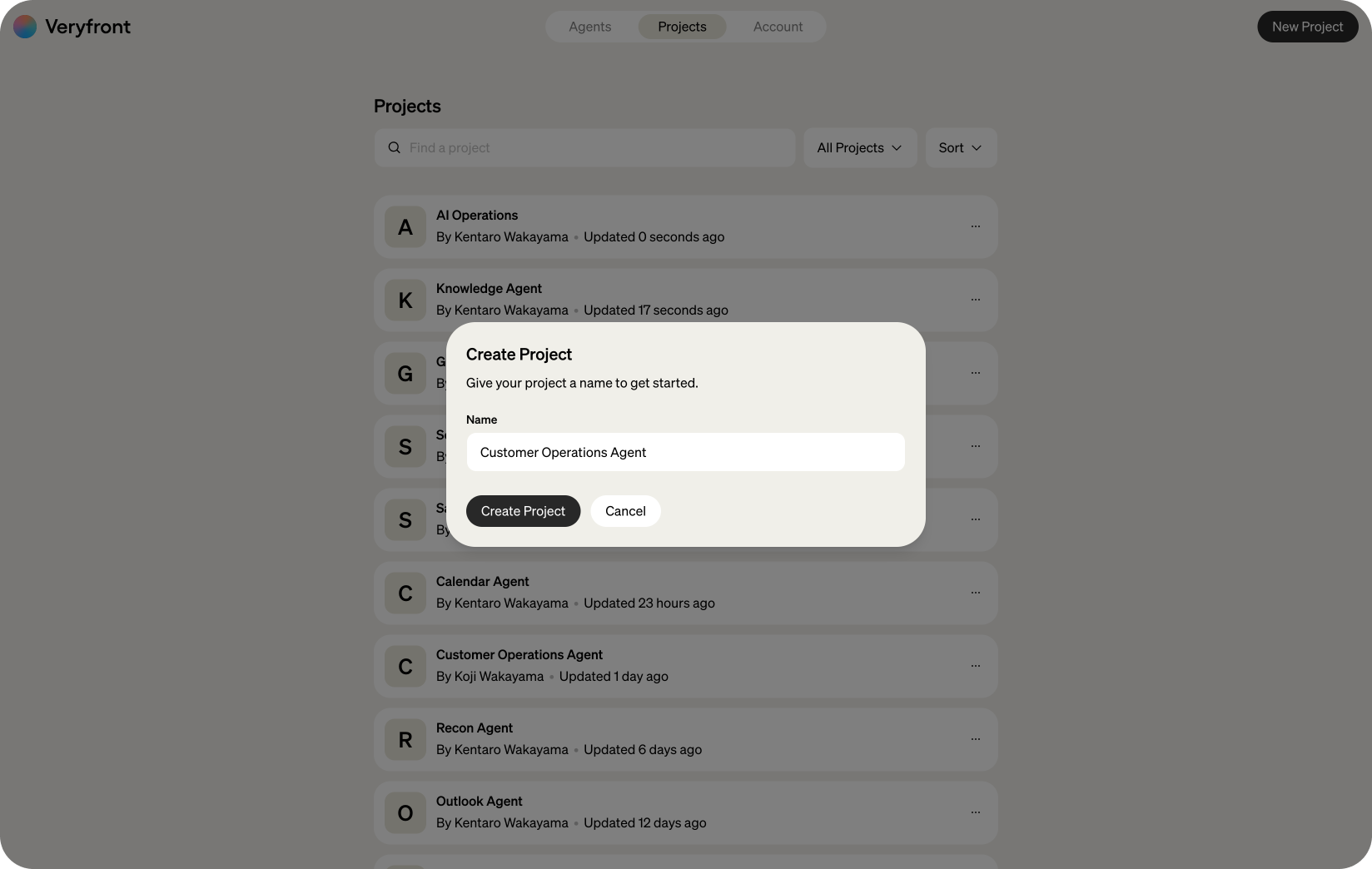 Create Project dialog in Veryfront Studio with a project name field.