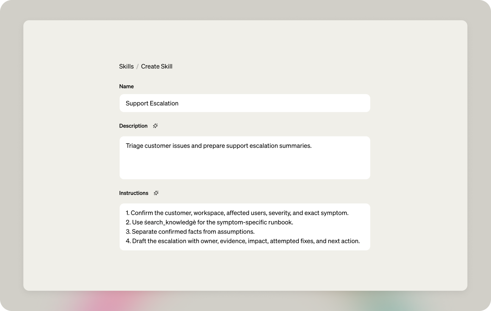 Create Skill form in Veryfront Studio with Support Escalation details.