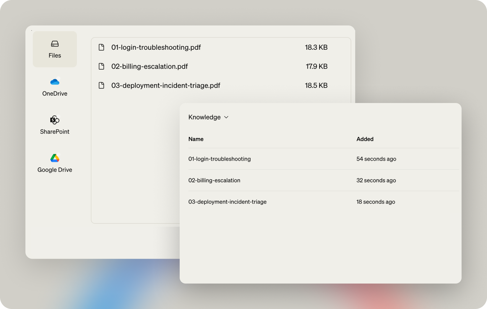 Knowledge ingestion view with support runbook PDFs and indexed knowledge entries.