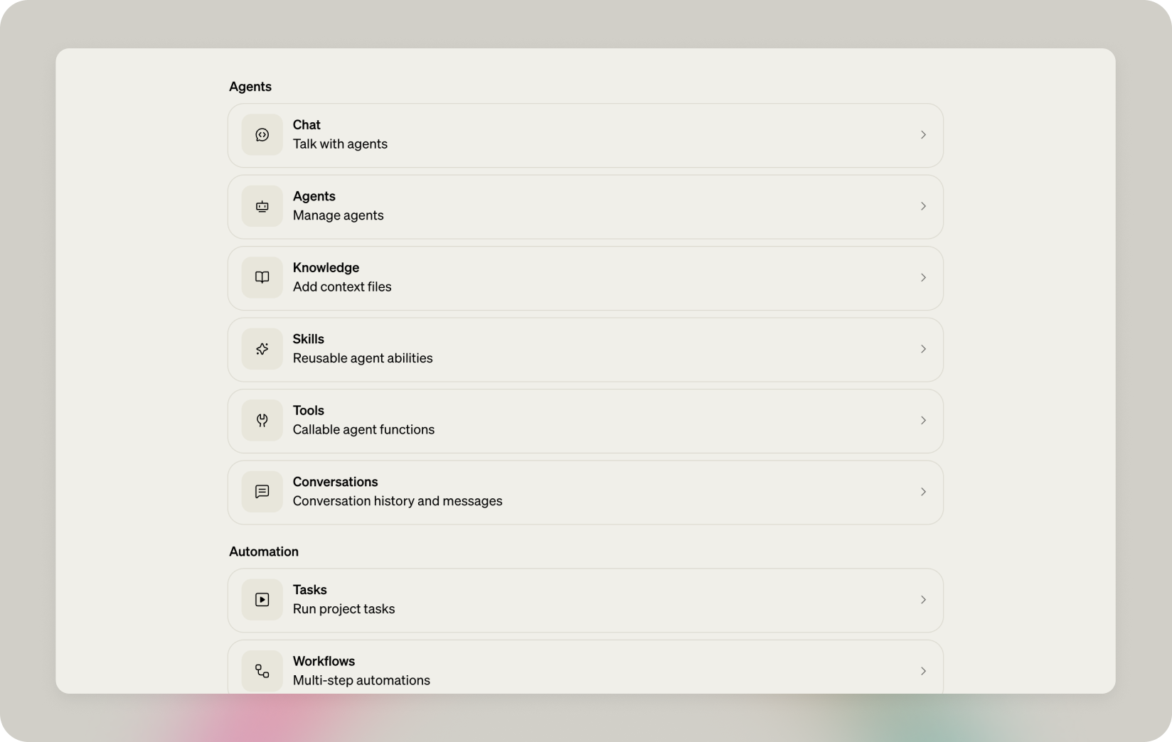 New Veryfront Studio project showing the panel catalog for managing agents, knowledge, skills, tools, conversations, and automation.