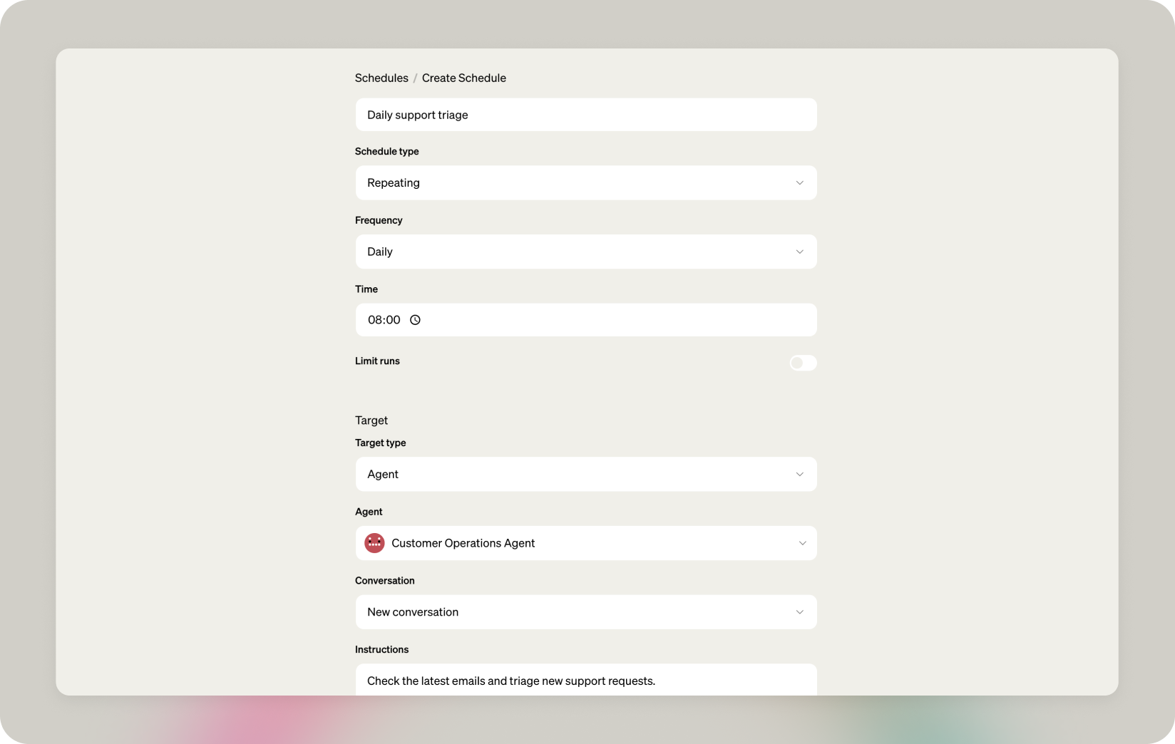 Create Schedule form in Veryfront Studio with repeating schedule, agent target, conversation, and instructions fields.