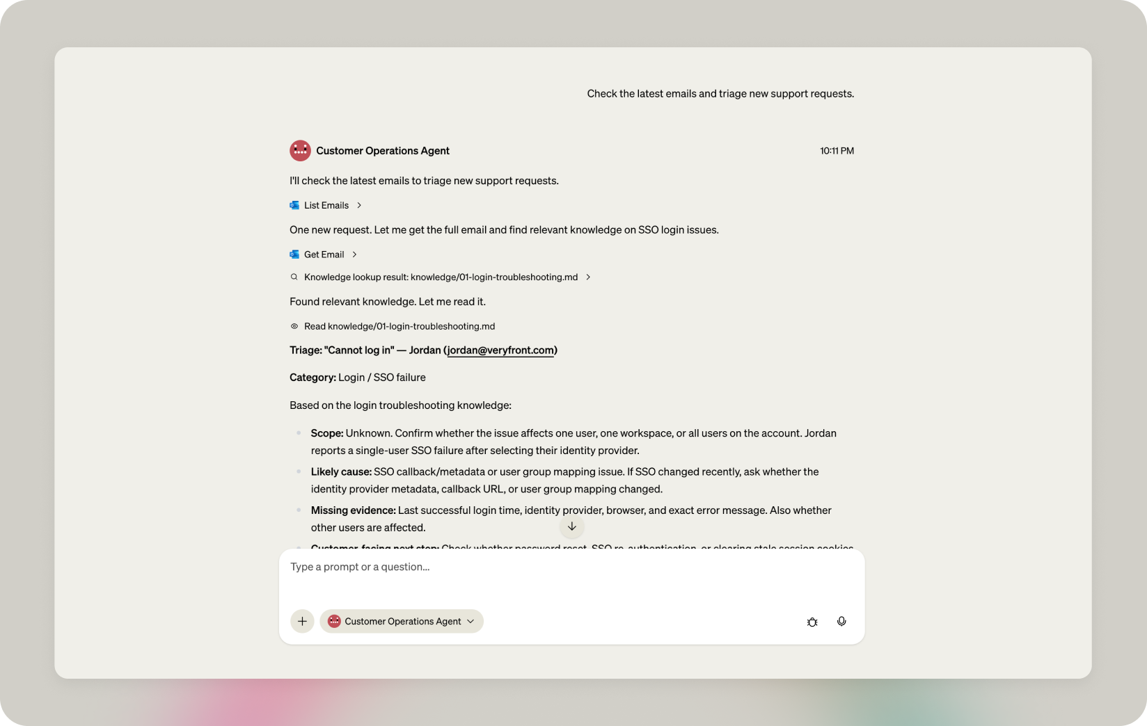 Chat with Customer Operations Agent showing email tool use and a customer operations response.