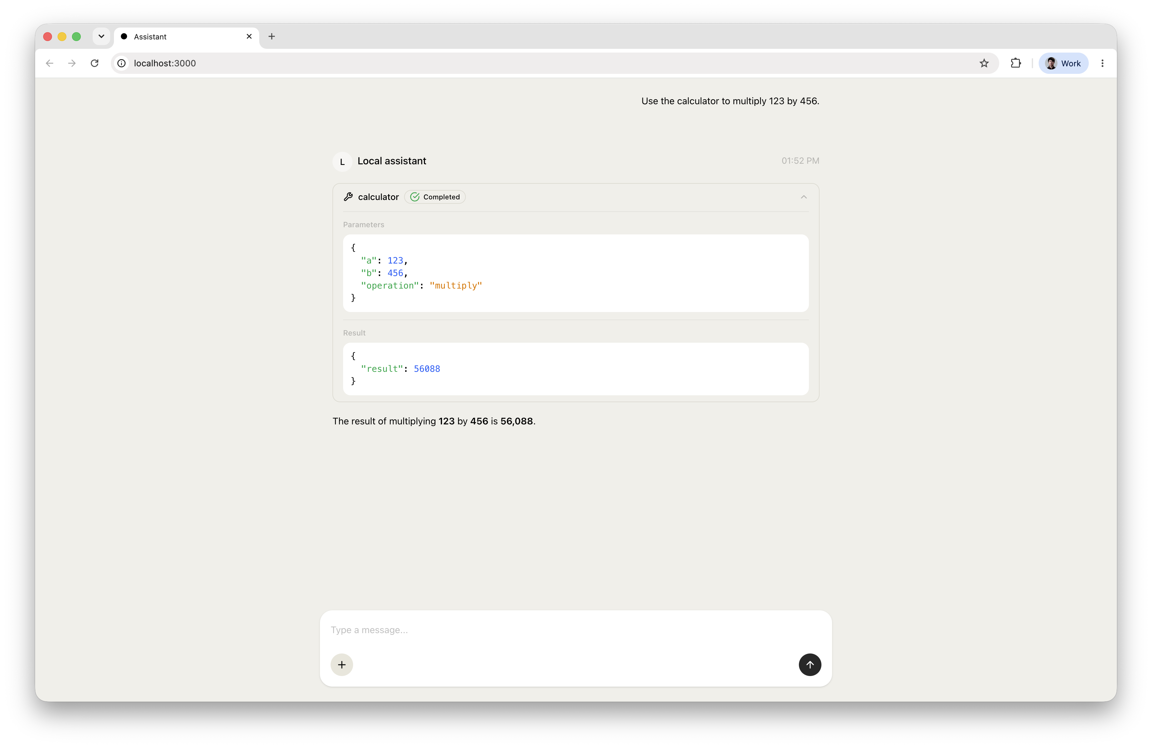 The chat UI for Local assistant showing the completed calculator tool call, its parameters and result, and the answer 56,088.